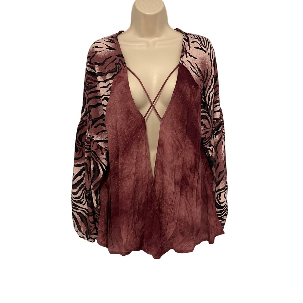 Gigio USA Womens Boho Zebra Print Tie Dye Deep V-Neck Balloon Sleeve Top L G2457